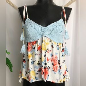 American Rag | Crochet Knit & Floral Top w/ Tassels